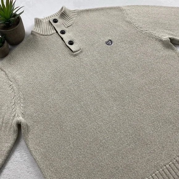 Chaps Knit Mock Neck Quarter Button Elbow Patch Long Sleeve Pullover Sweater - Picture 7 of 16